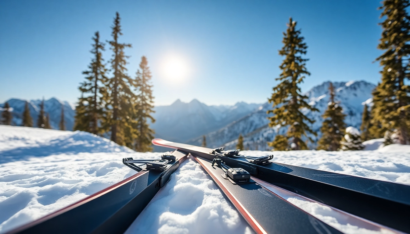 Backcountry skis showcased against a snowy mountain backdrop with detailed bindings.