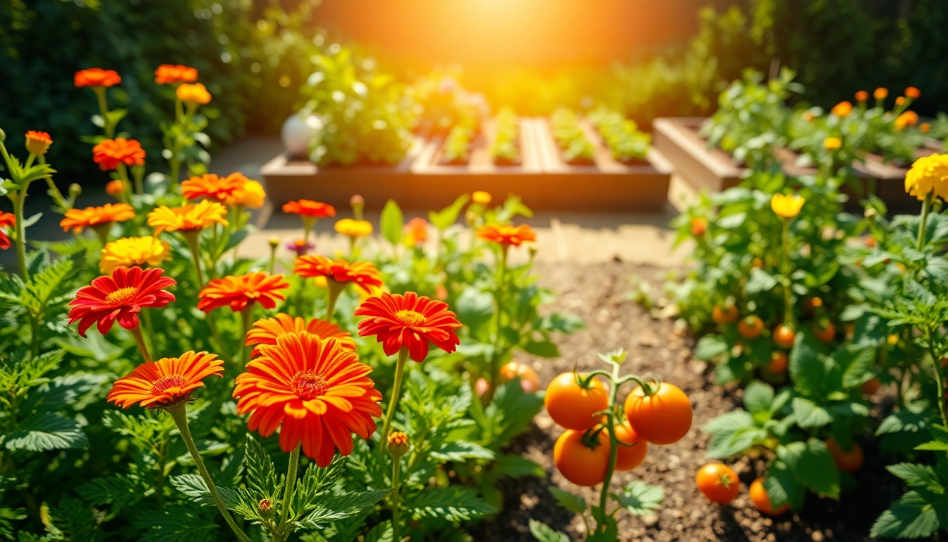 Engaging Gardening landscape with colorful blooms and thriving vegetables in a bright setting.
