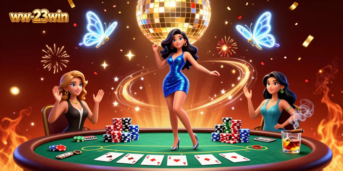 Engage with the thrill of ww-23win through vivid casino visuals, including poker chips, vibrant confetti, and a glamorous atmosphere.