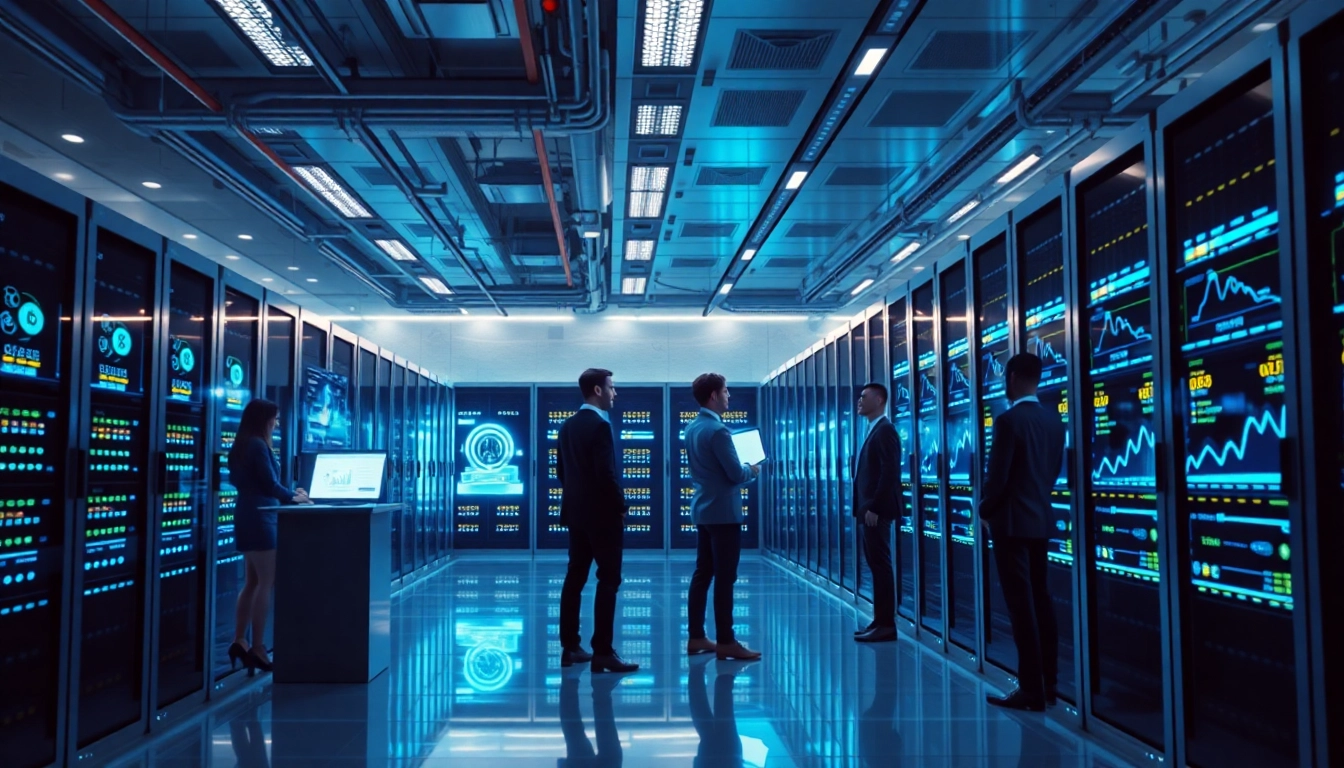 Cloud mining facility with high-performance servers and digital interfaces showcasing cryptocurrency mining technology.