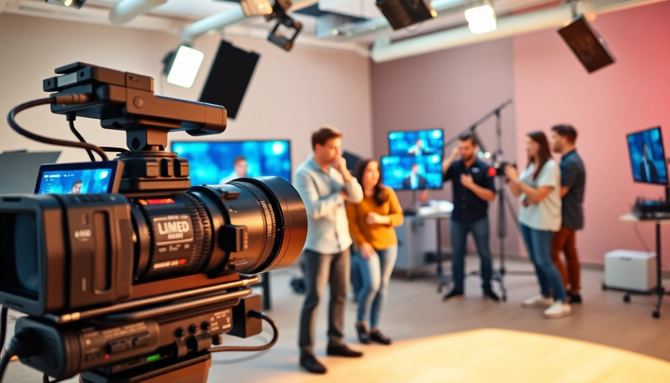 Capture the essence of a Video Production Company Calgary with a collaborative team in a vibrant studio.