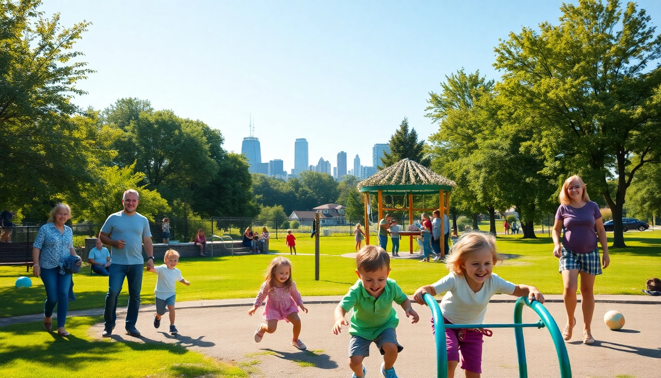 Families engaging in outdoor activities in Clarksburg park on a sunny day.