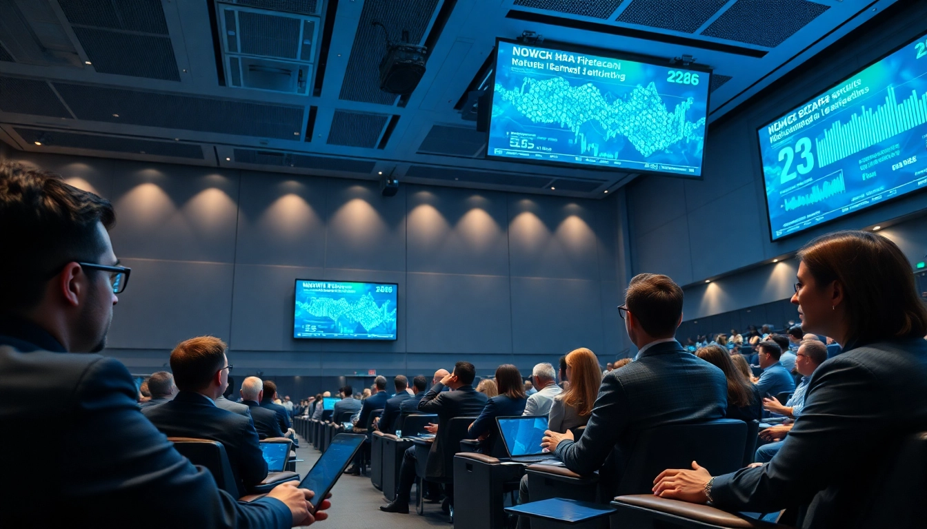 Futuristic financial conference on Crypto 2026 with professionals discussing trends.