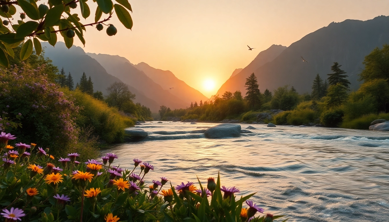 Feel the flow of nature's beauty in a serene landscape with a flowing river, lush greenery, and vibrant wildflowers.