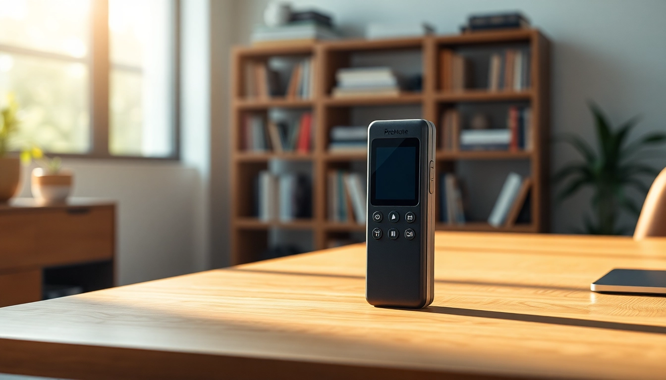 Showcase the ProNote AI Recorder on a stylish desk, highlighting its sleek design and modern aesthetic.