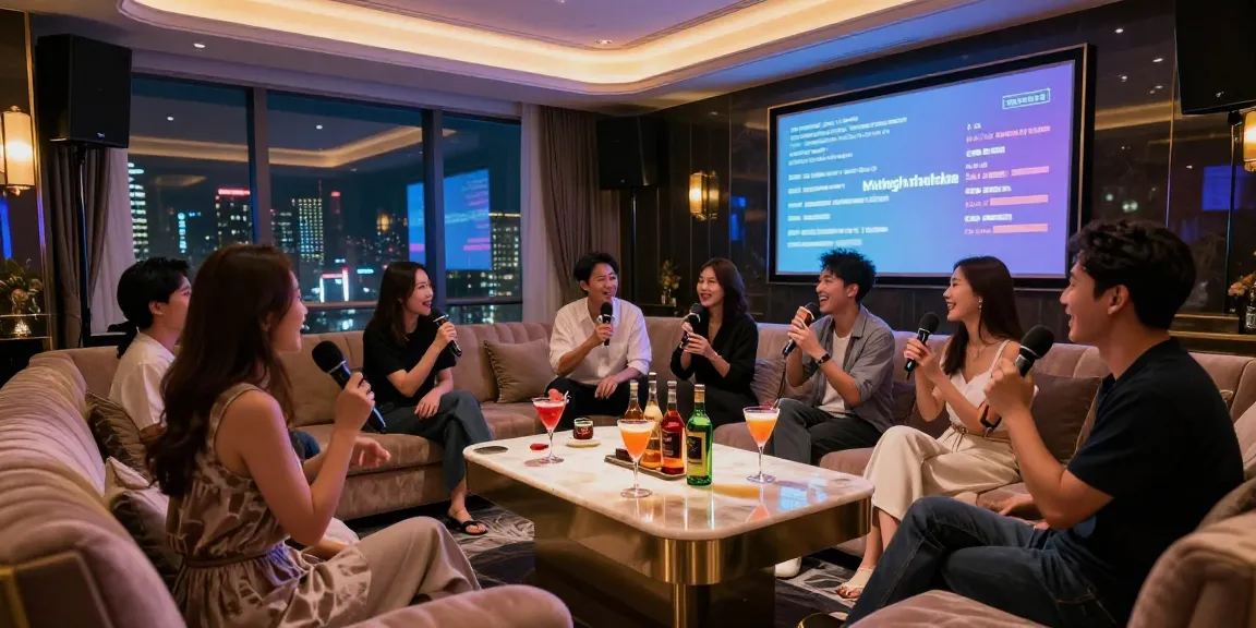 강남가라오케의 고급스러운 실내에서 화려한 조명이 비추는 가운데 손님들이 즐거운 시간을 보내고 있습니다.