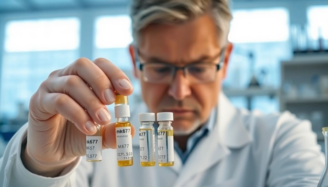 Analyze mk677 in a professional laboratory with a scientist examining vials