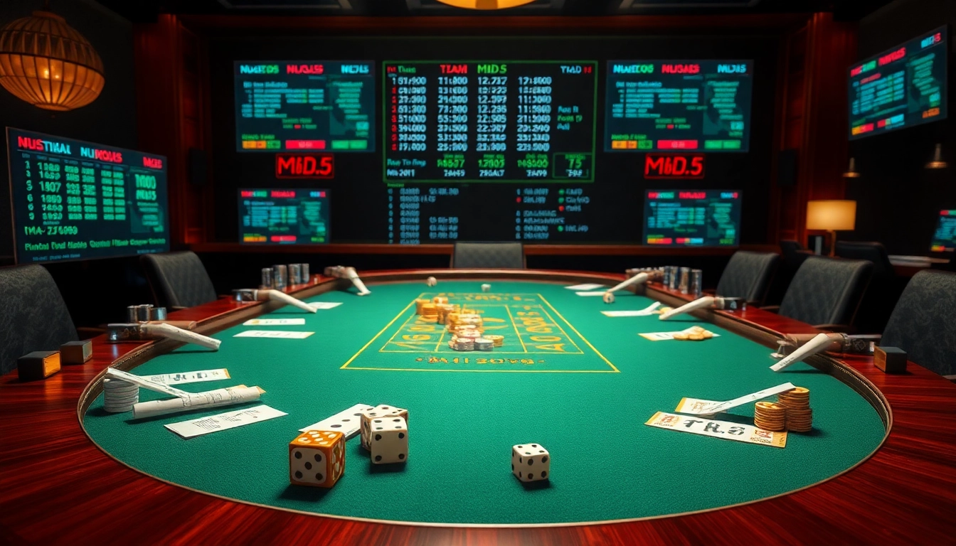 Tài Xỉu MD5 players engaging with vibrant chips and dice at a luxurious casino table.