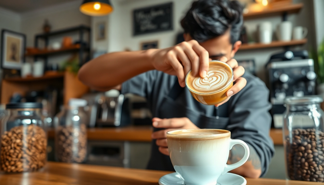 Barista creating latte art in a cozy cafe known for the Best specialty coffee in North Riyadh