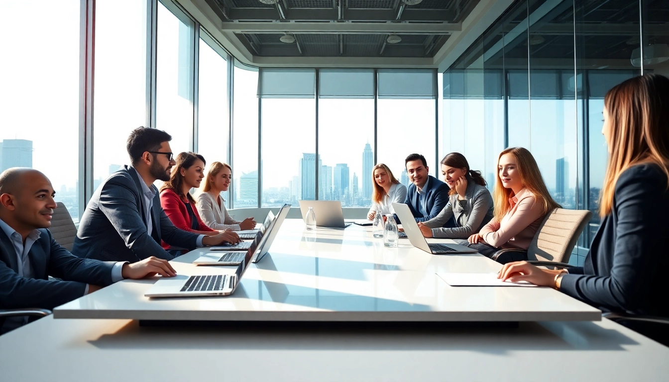 Business collaboration among a diverse team in a modern office, showcasing teamwork and innovation.
