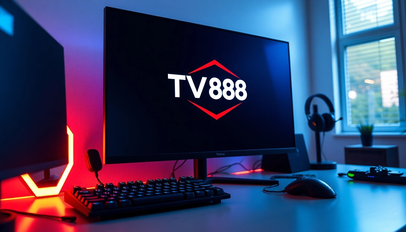 Showcasing a dynamic gaming setup with the TV88 logo illuminated on the screen.