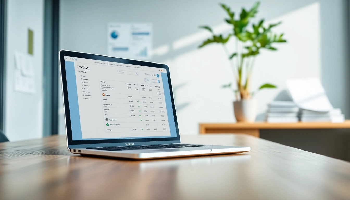 Streamlined invoice processing software displayed on a laptop in a professional office setting.