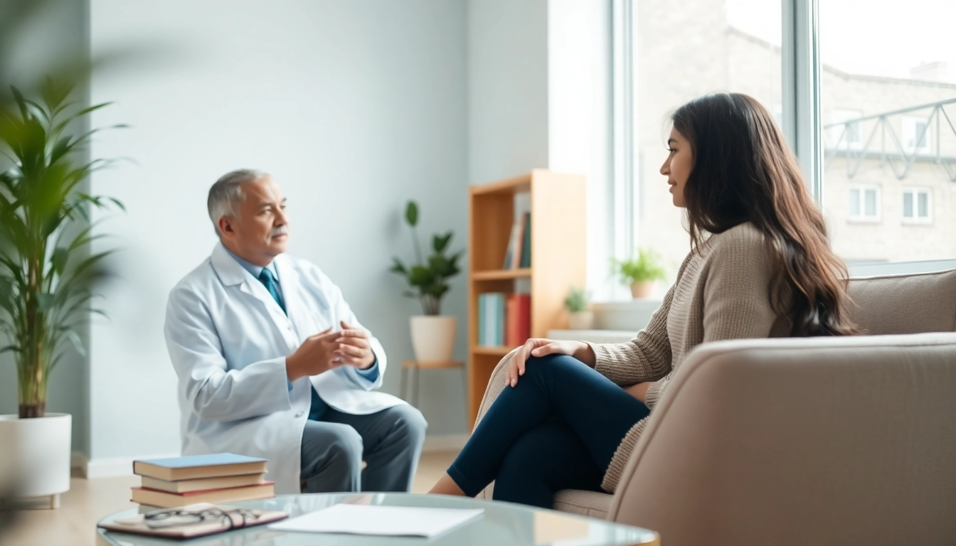 Psychiatry in India: Professional consultation between psychiatrist and patient in an inviting office.