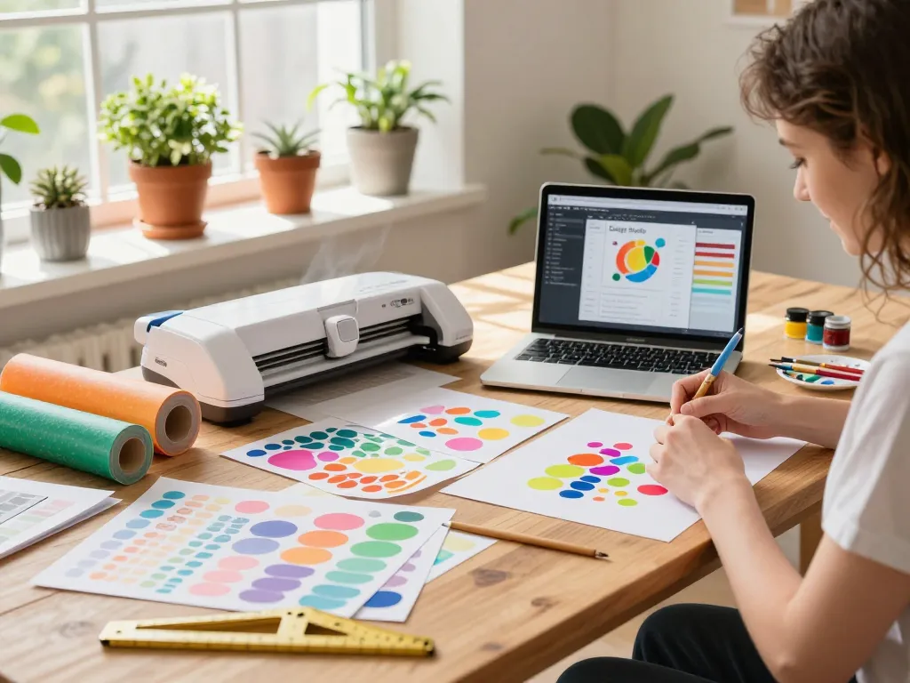 DIY enthusiast creating unique Cricut designs in a bright home studio.