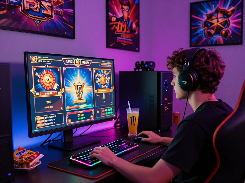 Pengguna menikmati permainan slot gacor di meja modern dengan pencahayaan berwarna-warni.
