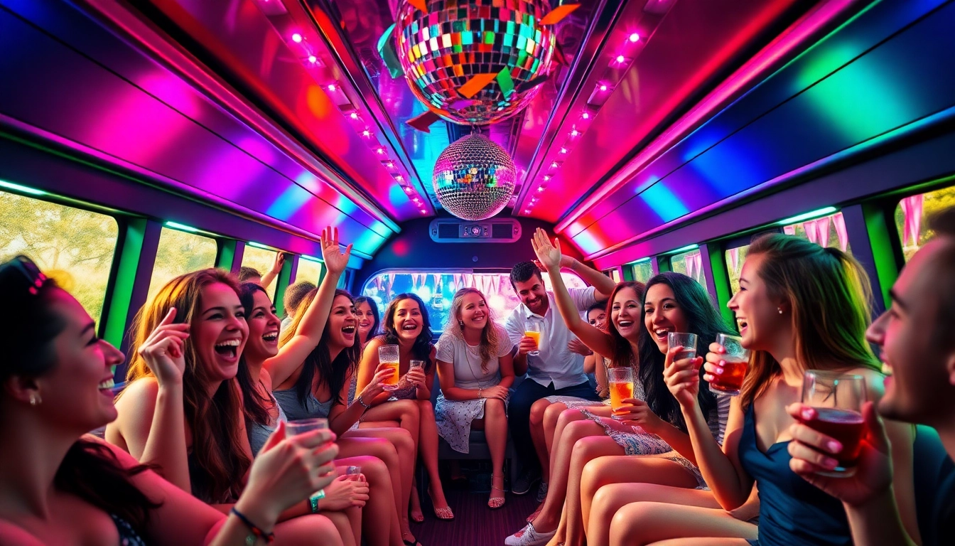 Party Bus Co UK interior filled with happy partygoers celebrating with vibrant lights.