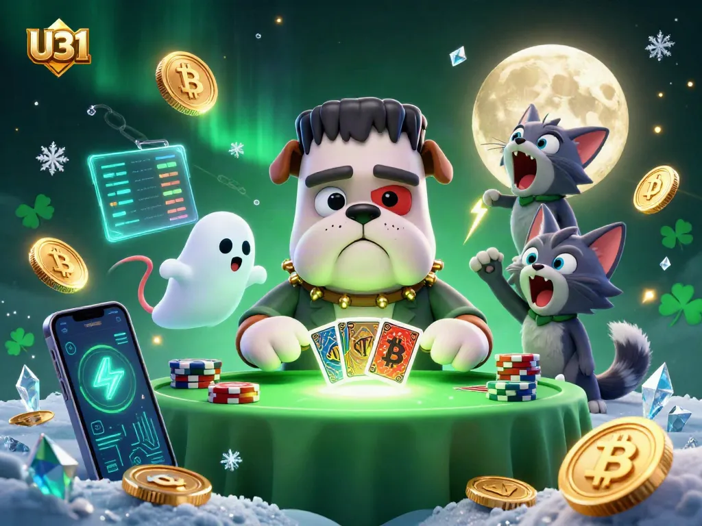 U31 showcases a Frankenstein bulldog monster dealing cards with a spooky twist in a vibrant casino atmosphere.