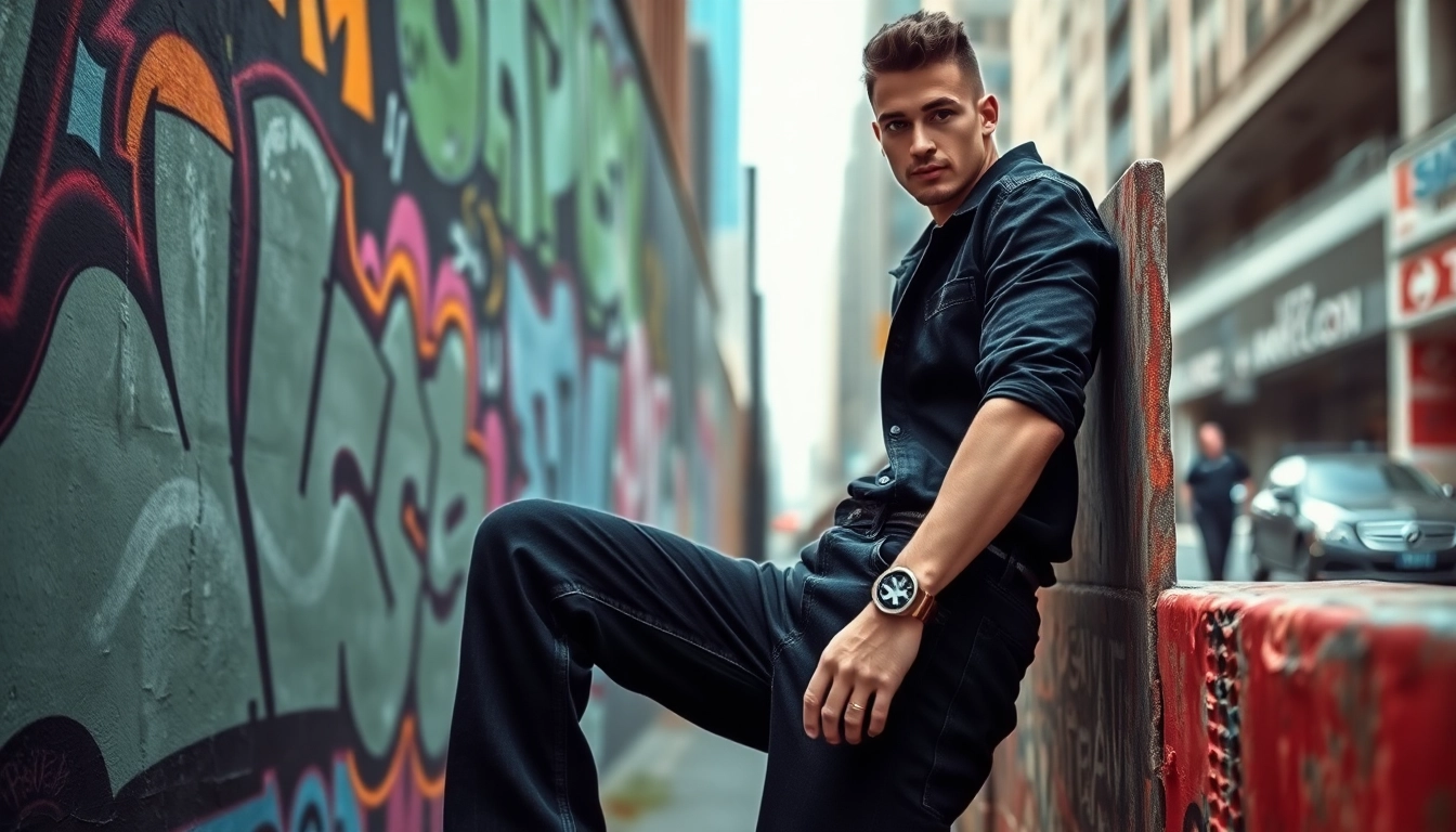 Model showcasing stylish baggy black jeans against a colorful urban backdrop.