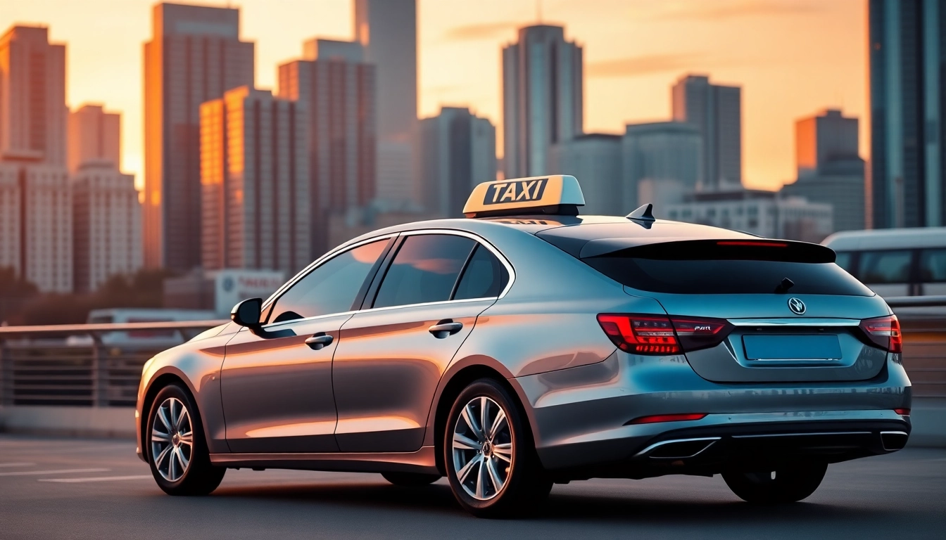 Experience long distance taxi transfers with a modern vehicle in an urban sunset setting.