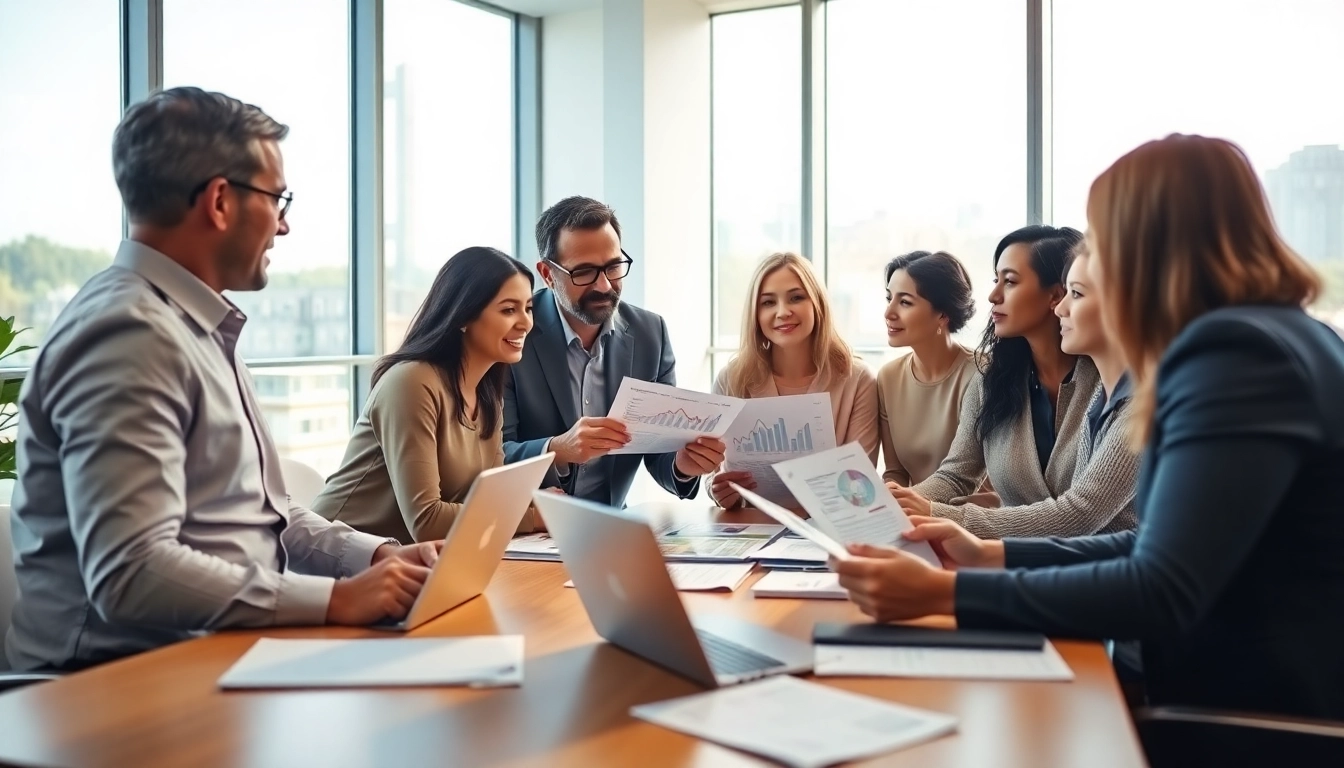 Engaging financial advisors guiding clients through financial planning in a modern office.