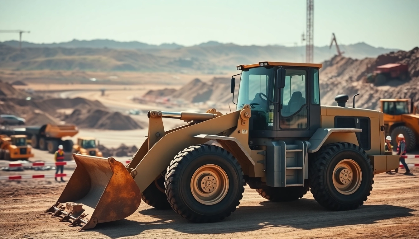 Efficiently rent wheel loaders at a construction site, highlighted by modern design and active labor.
