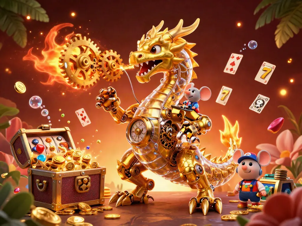 Experience thrilling casino action with a golden dragon and vibrant game elements in this captivating illustration.