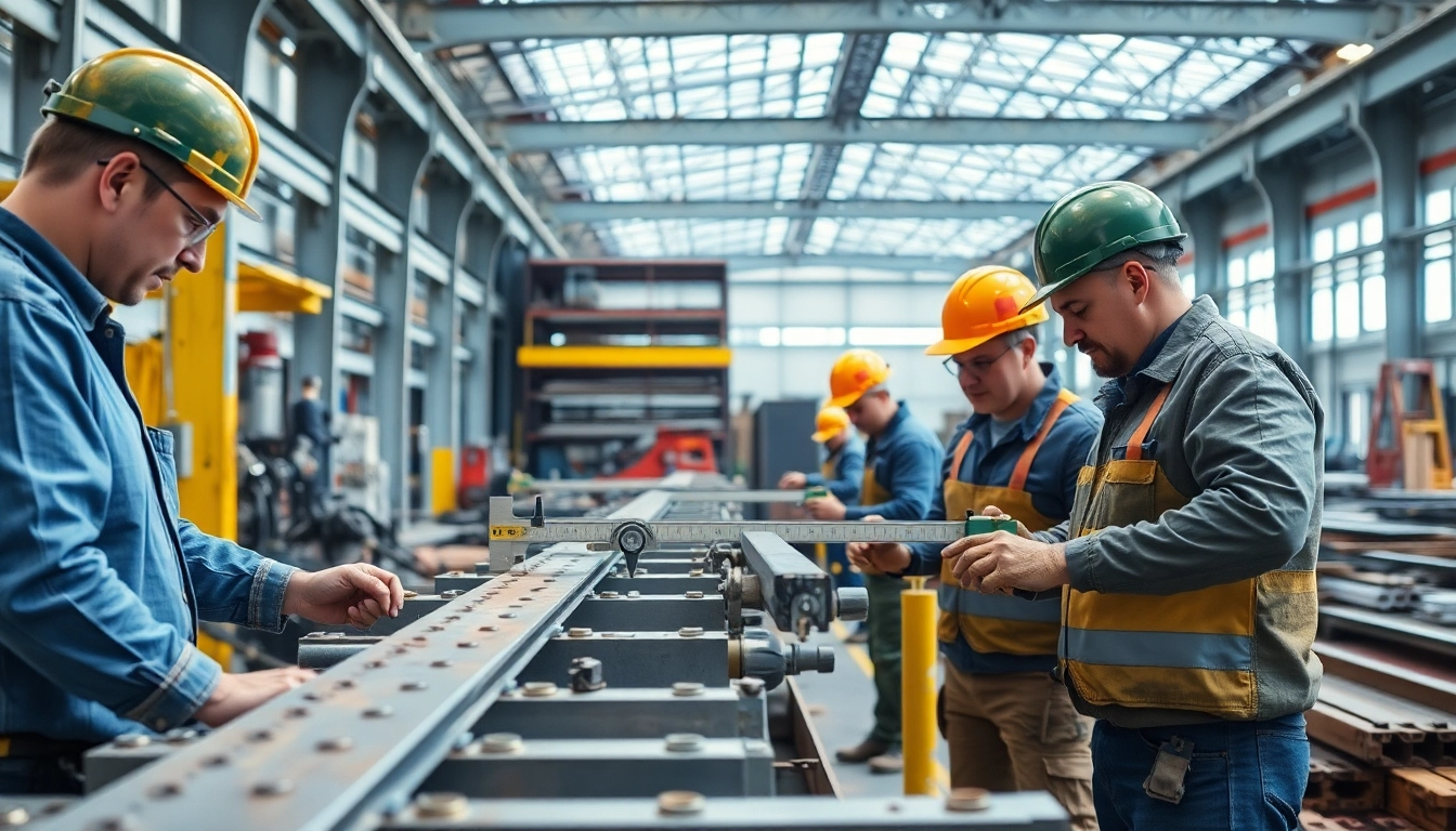Workers engaging in structural steel fabrication with machinery and raw materials on-site.