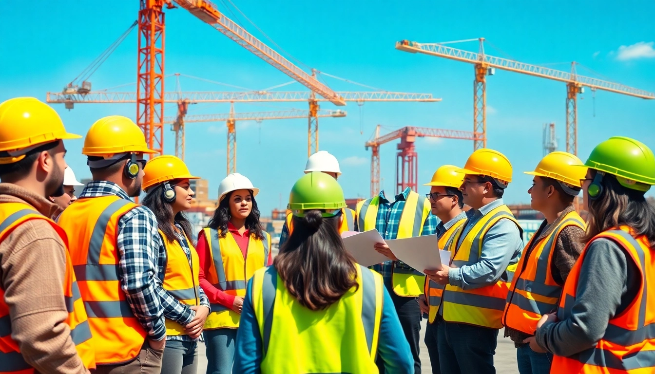 Engaged workers receiving construction safety training at a vibrant construction site.