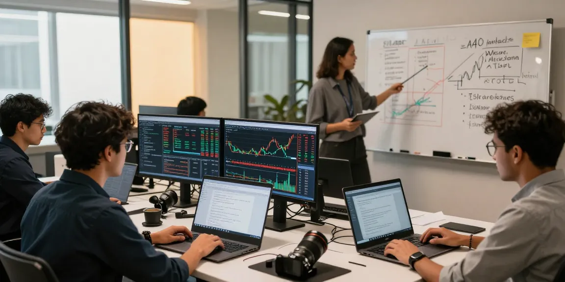BSE live stock quote API utilized by developers in a dynamic fintech workspace, showcasing collaboration and technology.