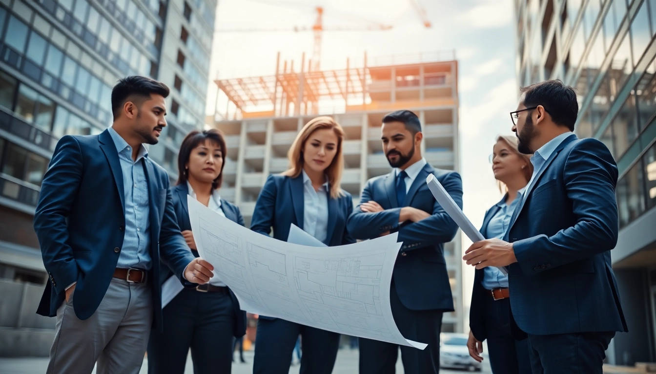 Commercial building developer team working together on construction plans in a modern setting.