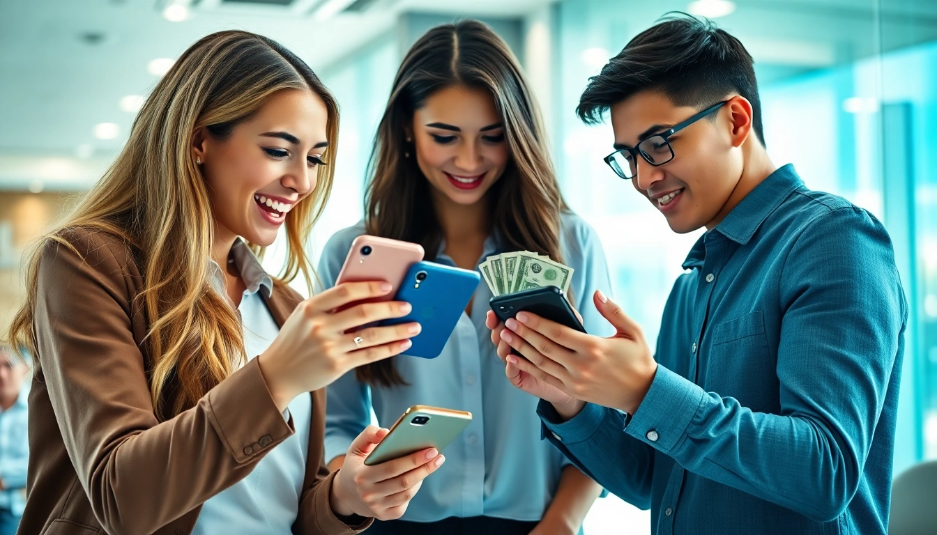 Instant cash for phones exchange between friends in a dynamic office atmosphere.