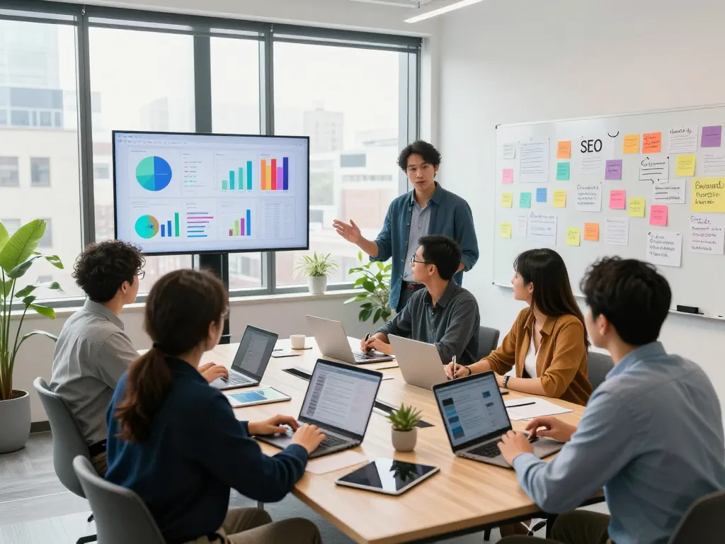 Dynamic workspace showcasing New York SEO Services team collaborating on digital marketing strategies