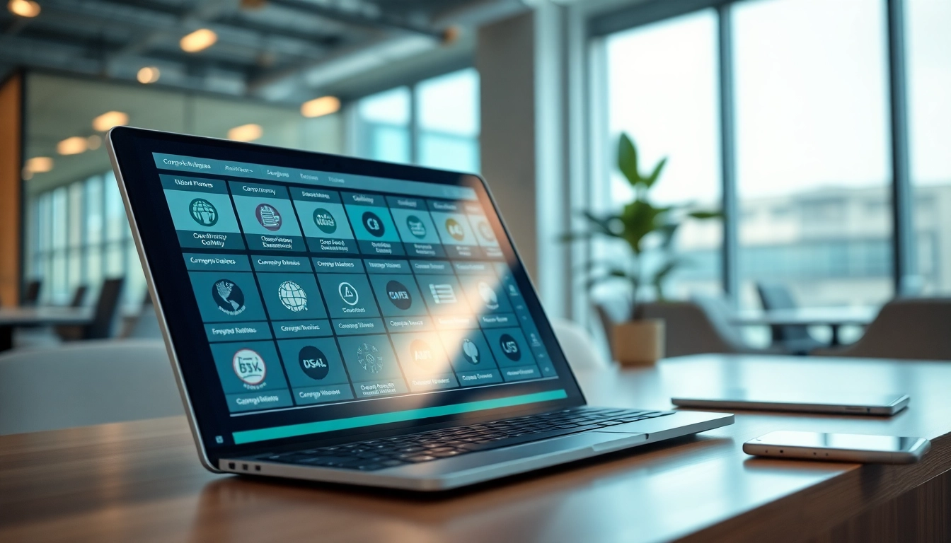 Showcasing a global business directory on a digital interface highlighting various company profiles.