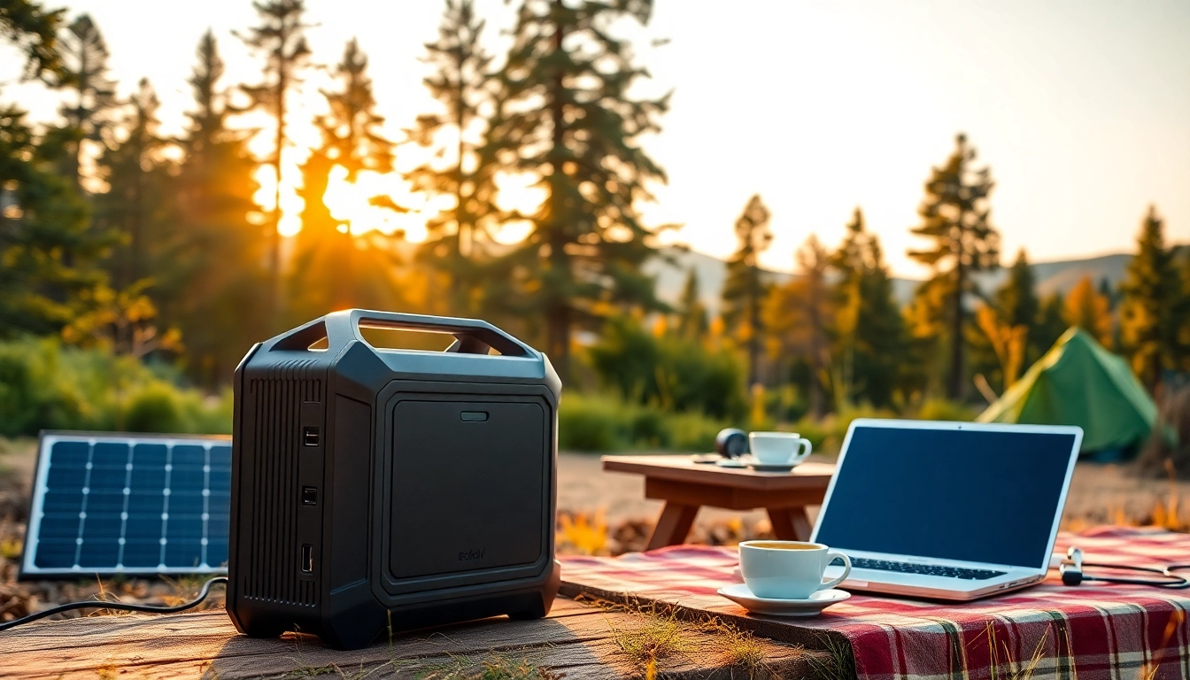 EcoFlow portable power station powering devices in a serene outdoor camping setting.