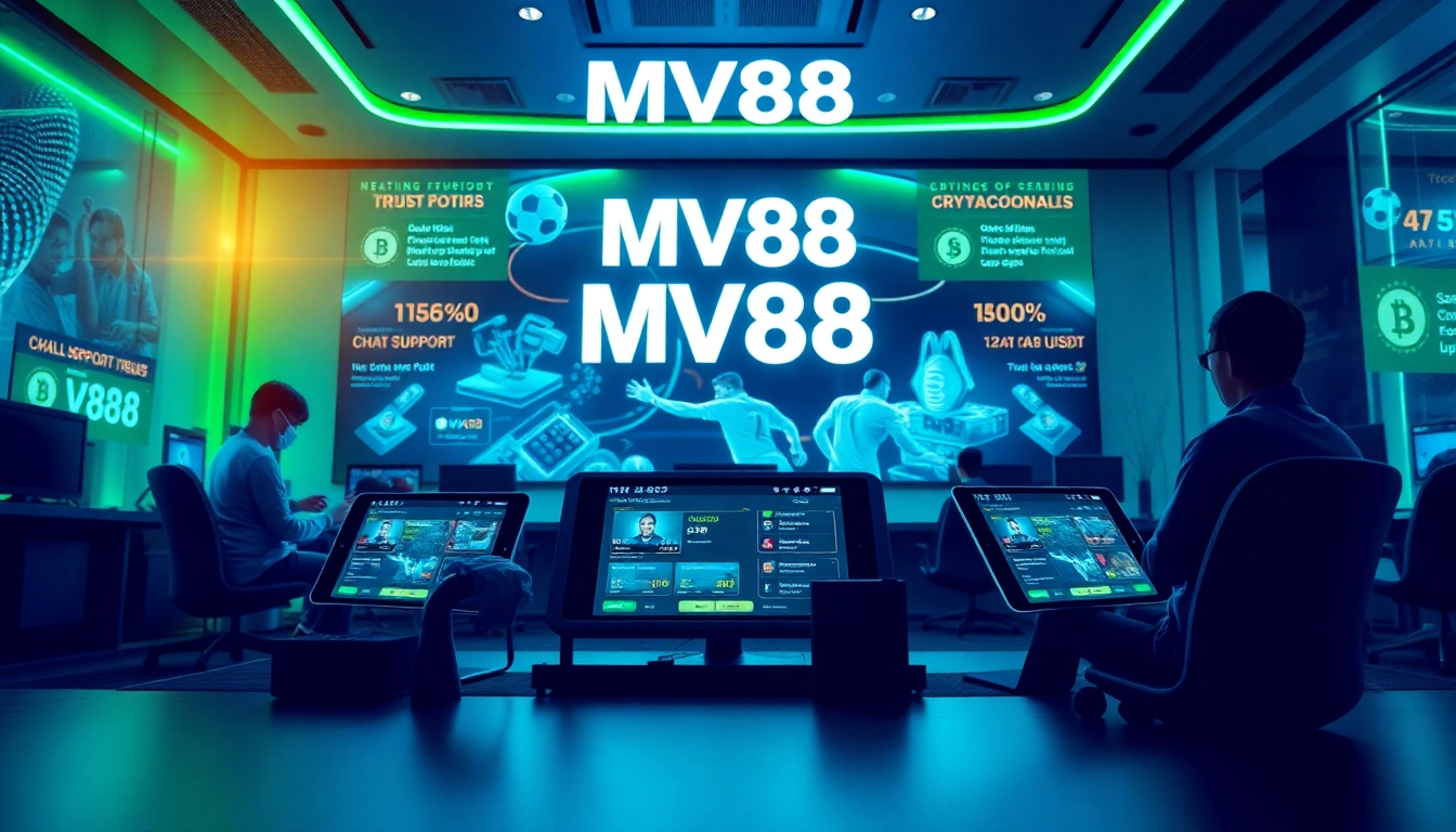 Engaging scene of MV88 online betting platform with cryptocurrency and support chat elements.