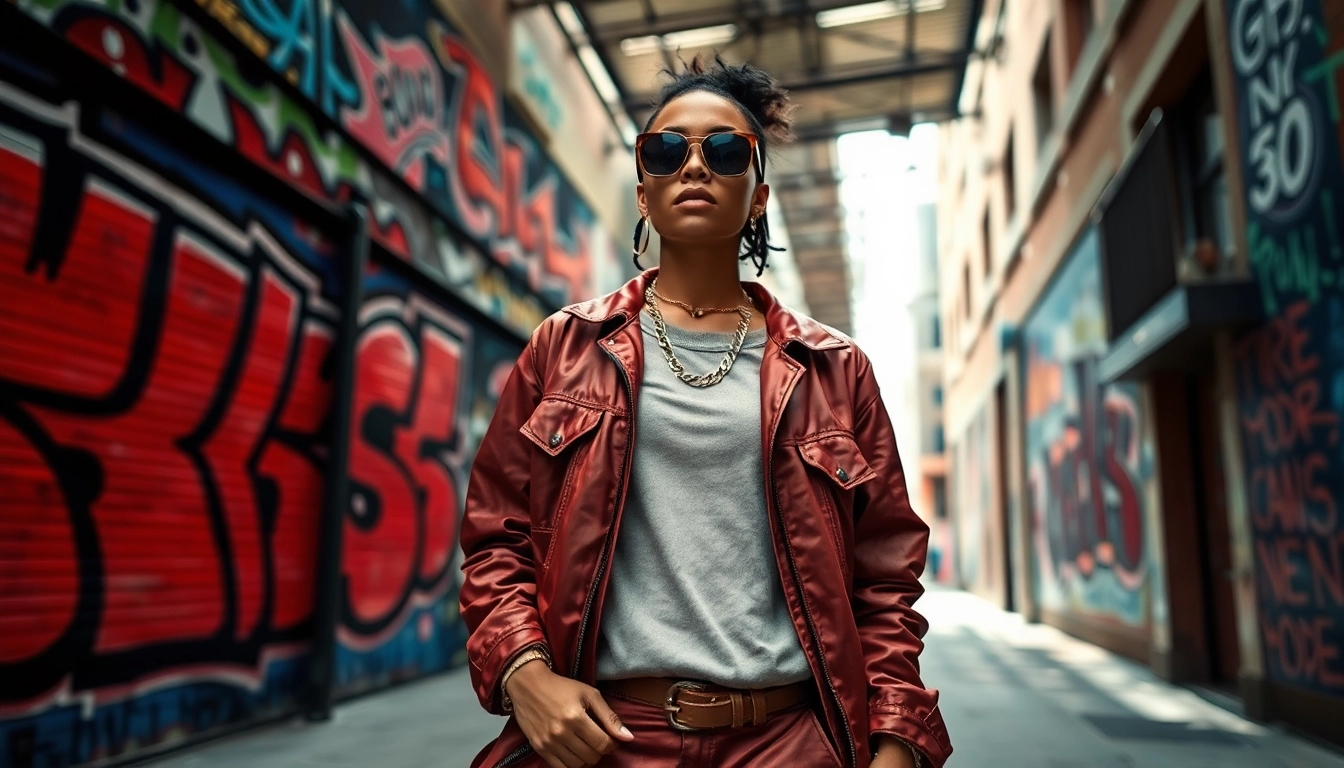 Model showcasing contemporary Fashion style against an urban backdrop with vibrant colors.