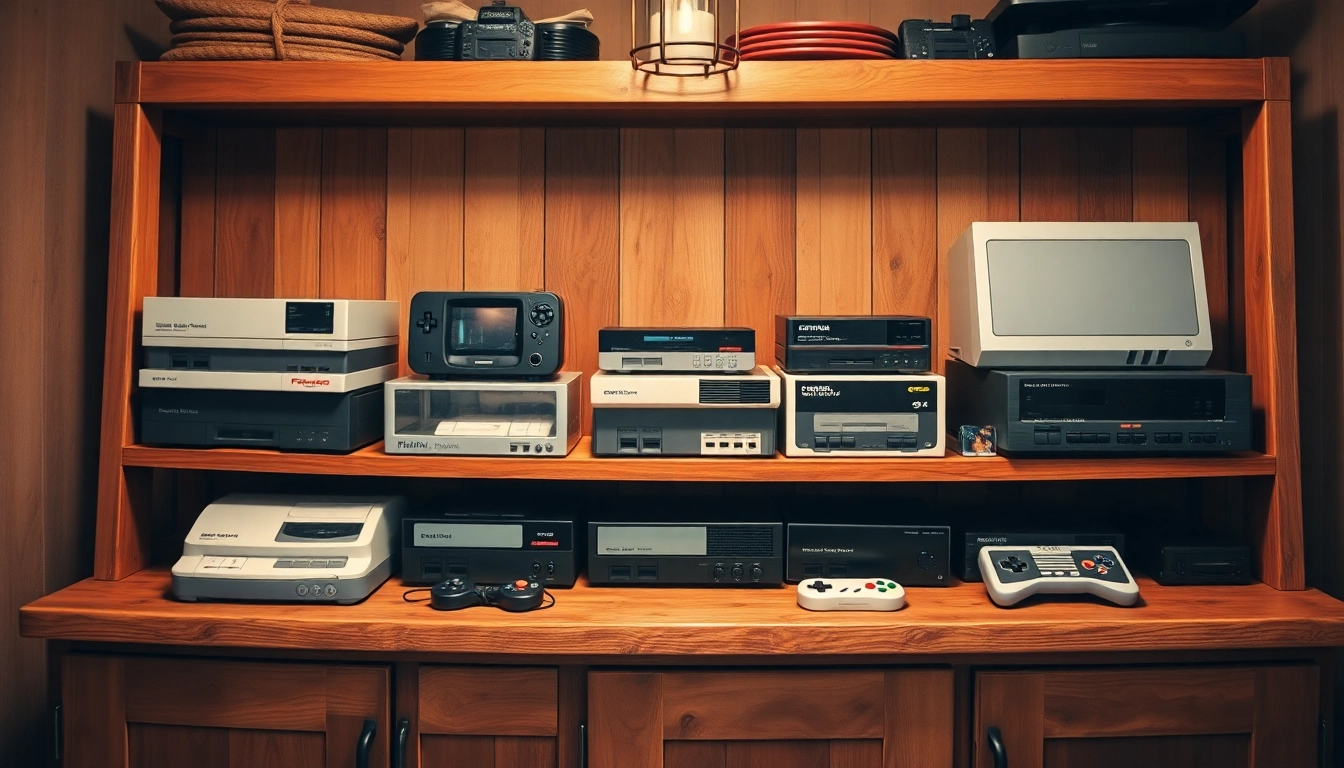 Showcase of Retro Game Consoles displayed with vintage aesthetics and nostalgic atmosphere.