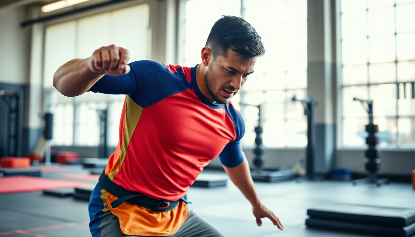 Showcase of a competitive athlete in BJJ Rash Guards performing martial arts in a vibrant training area.