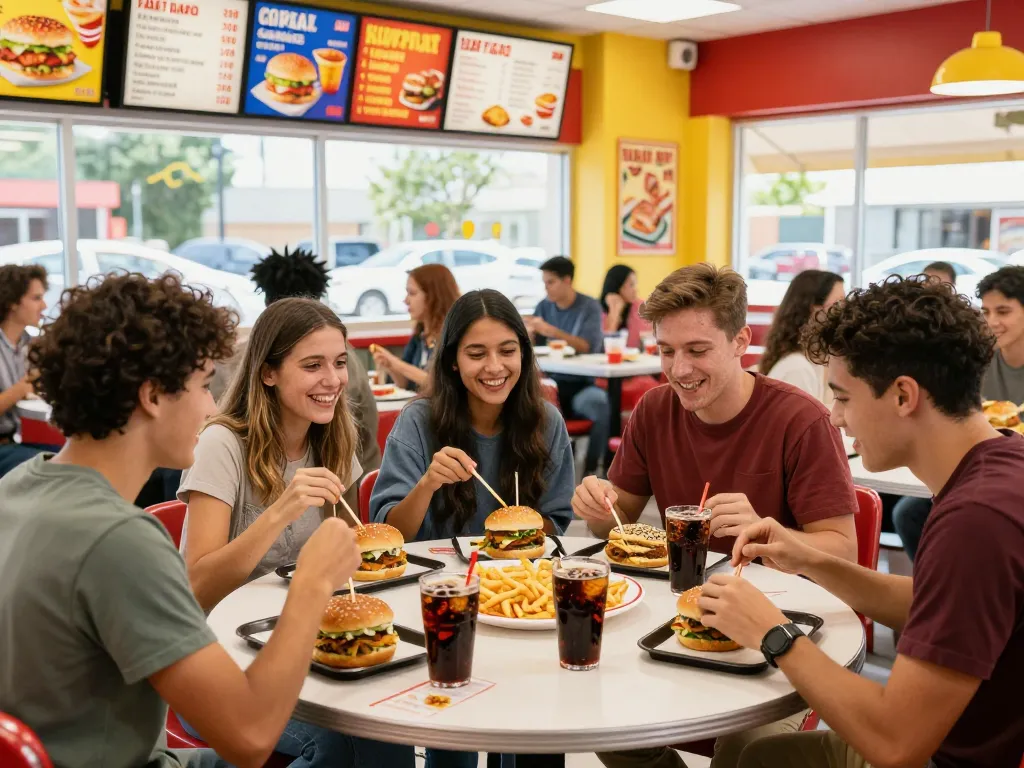 Friends enjoying fast food prices at a lively restaurant table