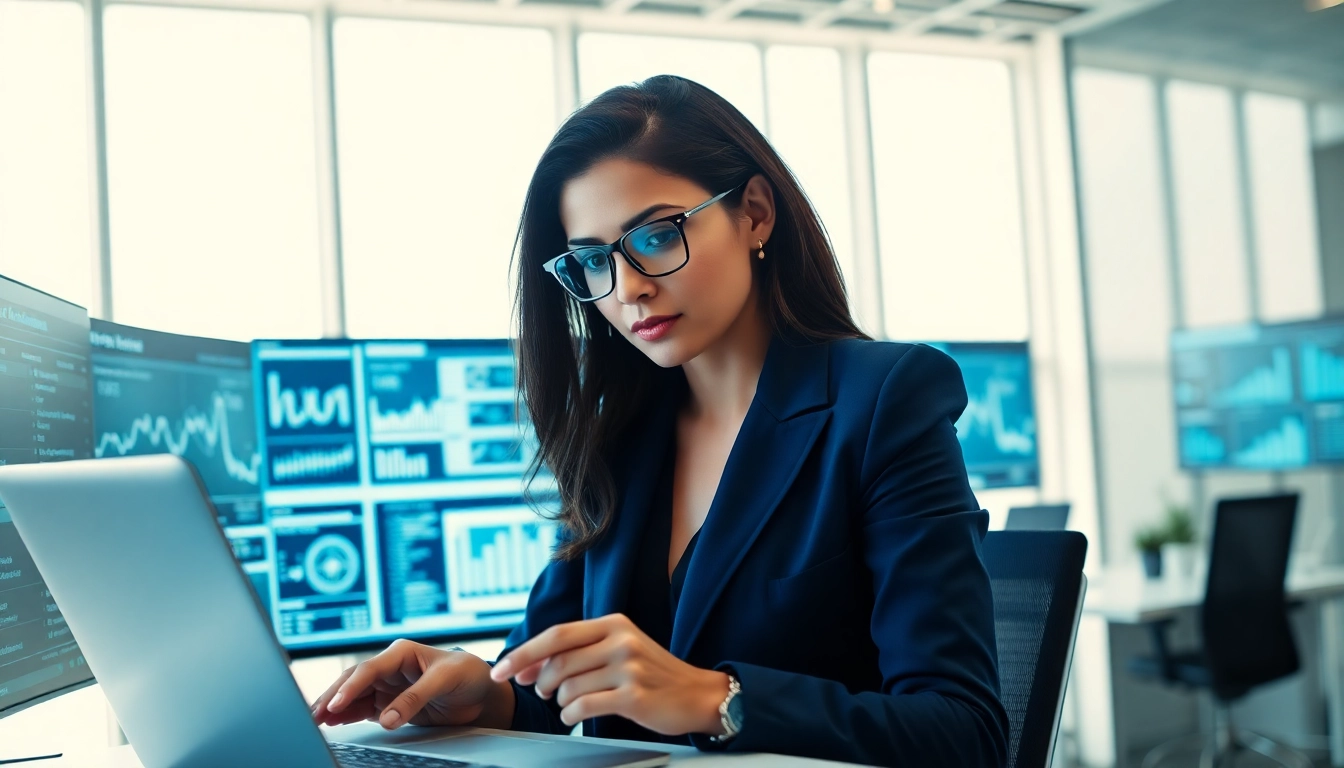 Analyze competitive intelligence using AI tools in a modern office with digital insights.