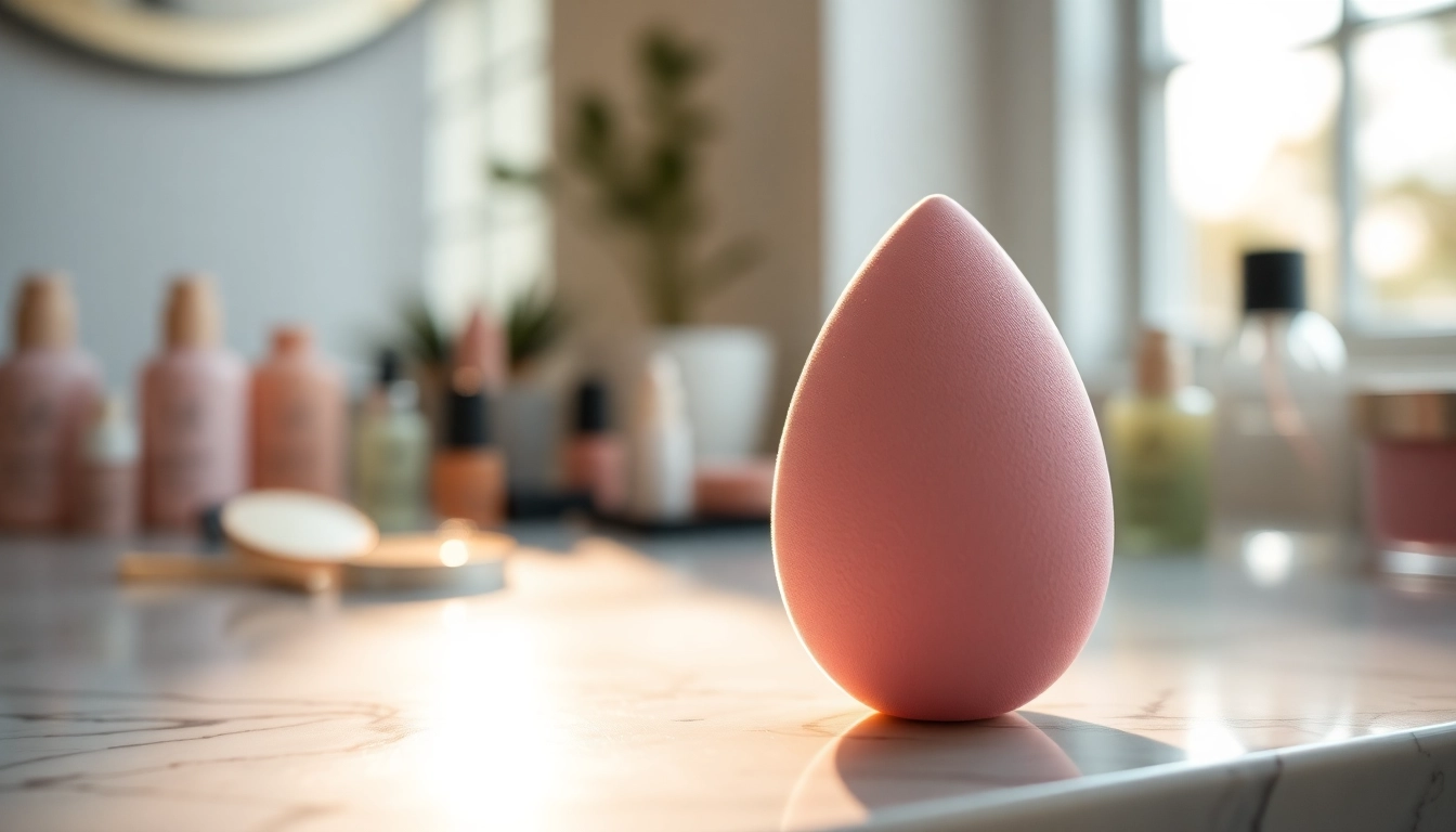 Smooth silicone beauty blender resting on a marble surface surrounded by makeup.