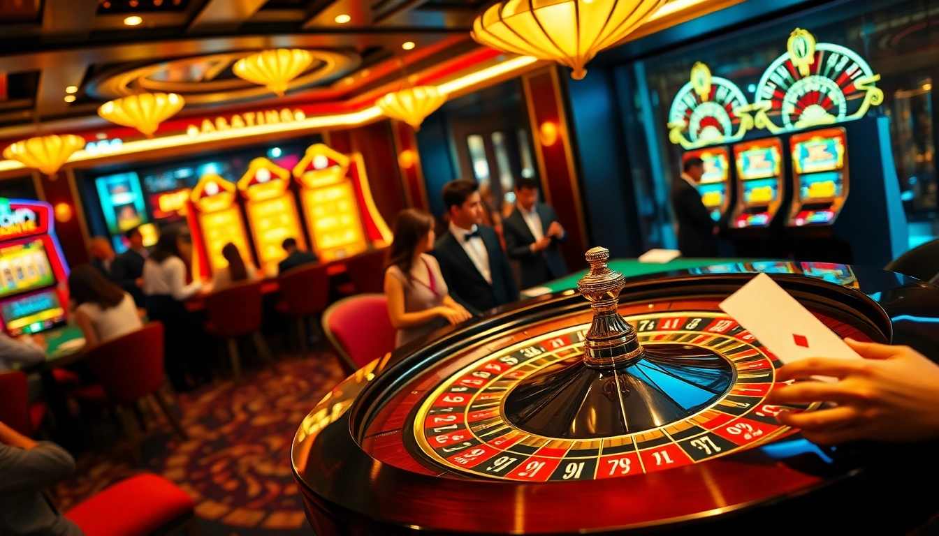 Experience thrill at Trang Chủ QQ88 with an engaging casino atmosphere featuring roulette and vibrant slot machines.