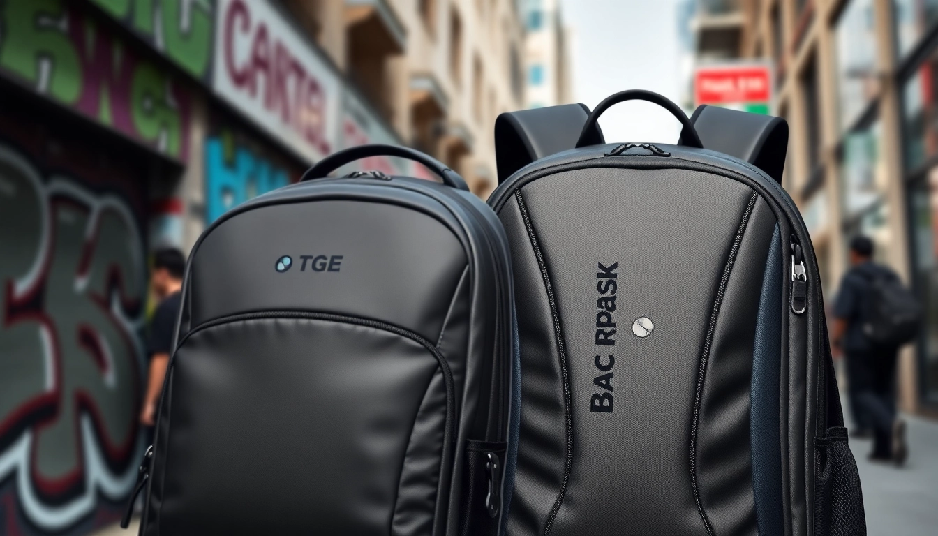 Stylish Backpack TGE showcasing modern design in a vibrant urban environment.