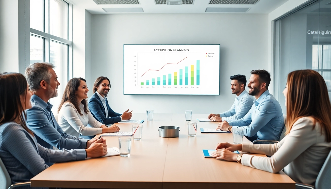 Team collaborating on strategic acquisition planning in a modern office environment.