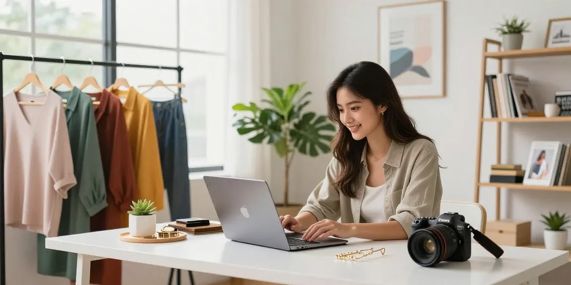 Fashion browsing on shs-dome5.com with stylish items in bright e-commerce studio.