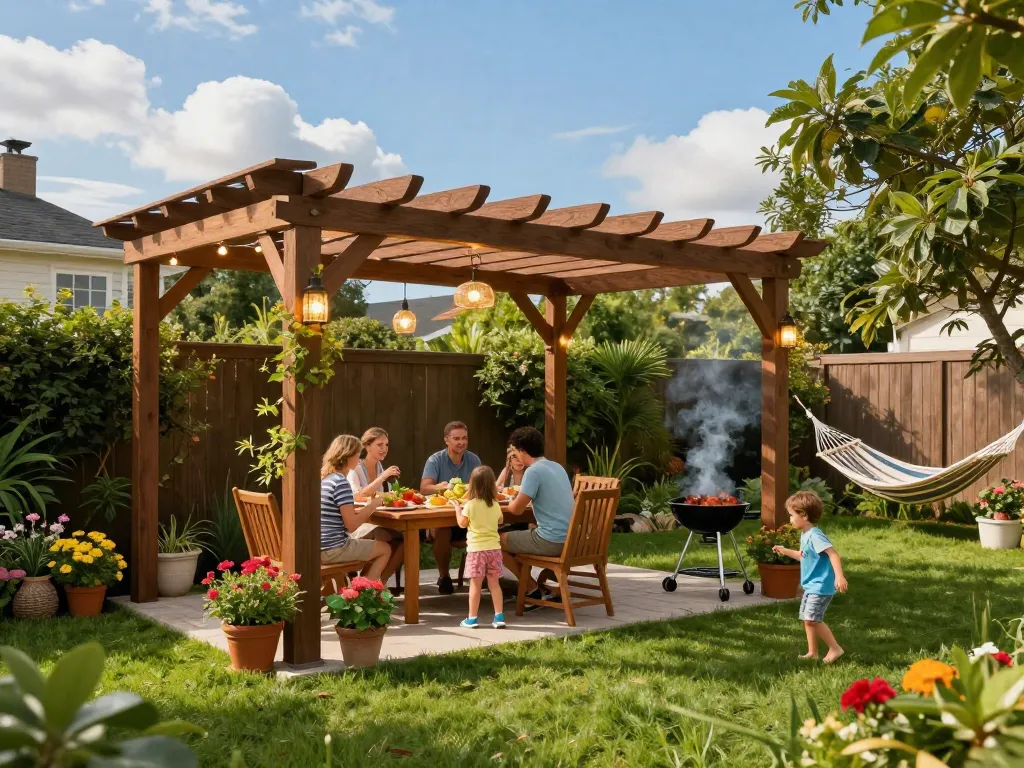 3D pergola in a vibrant backyard setting with a family gathering, lush grass, and evening ambiance.