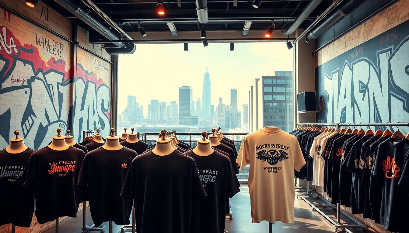 Showcase of modernstreet apparel in an urban fashion showroom with vibrant designs.