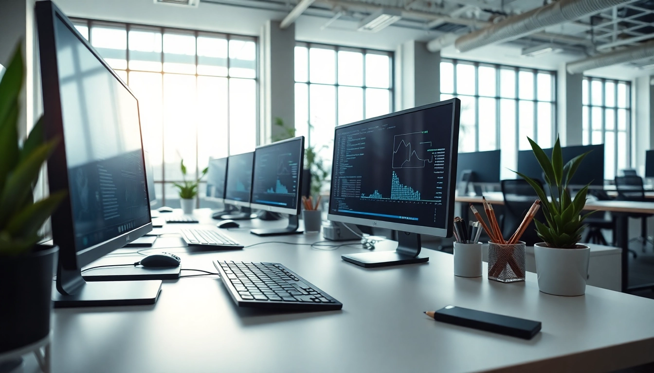 Enhance productivity at a typing center with high-tech workstations and natural lighting.