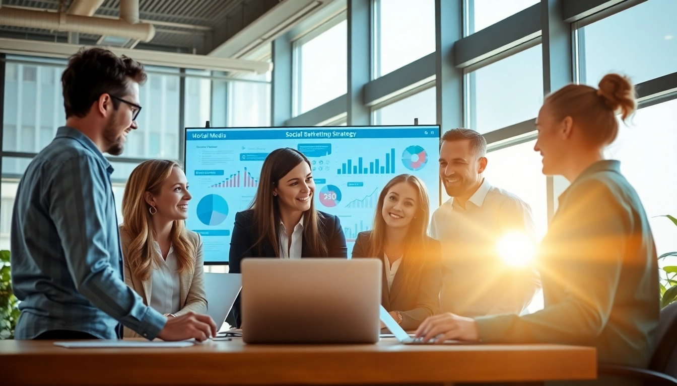 Social media marketing edmonton team collaborating on a digital strategy in a bright office setting.