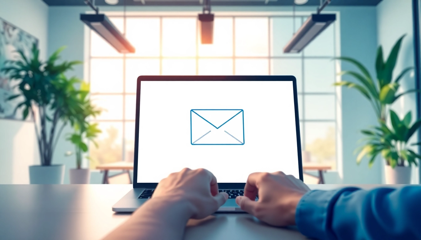 Utilize temp mail temporary email service on a laptop in a bright office environment.